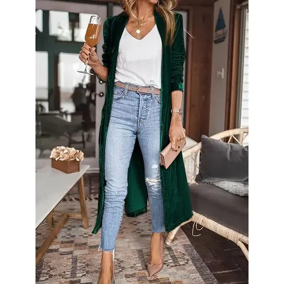 Velvet Open Front Long Cardigan in Green - Picture 2 of 6